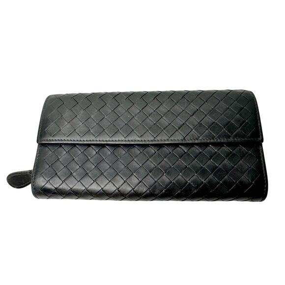 Bottega Veneta Handbags - Bottega Veneta Intrecciato Woven Black Leather Long Flap Wallet